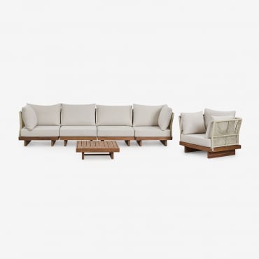 Conjunto De Sofá Modular Dailin De 4 Peças Com 2 Cadeiras De Canto, Mesa De Centro E Poltrona Em Madeira De Acácia Castanho Acácia - Sklum