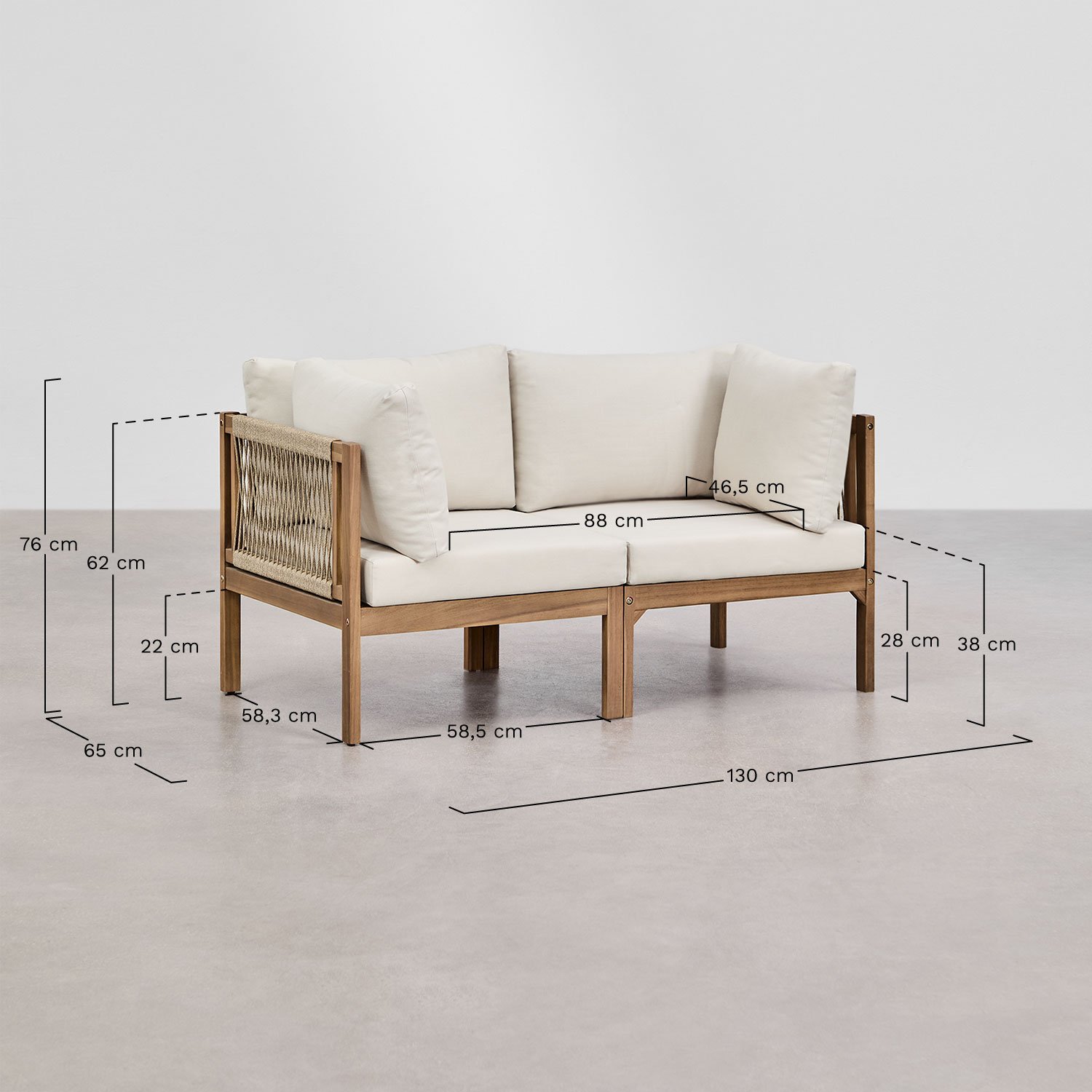 Conjunto de sofá modular de 2 peças Branson Acacia Wood com braços e 2 poltronas, Dimensões