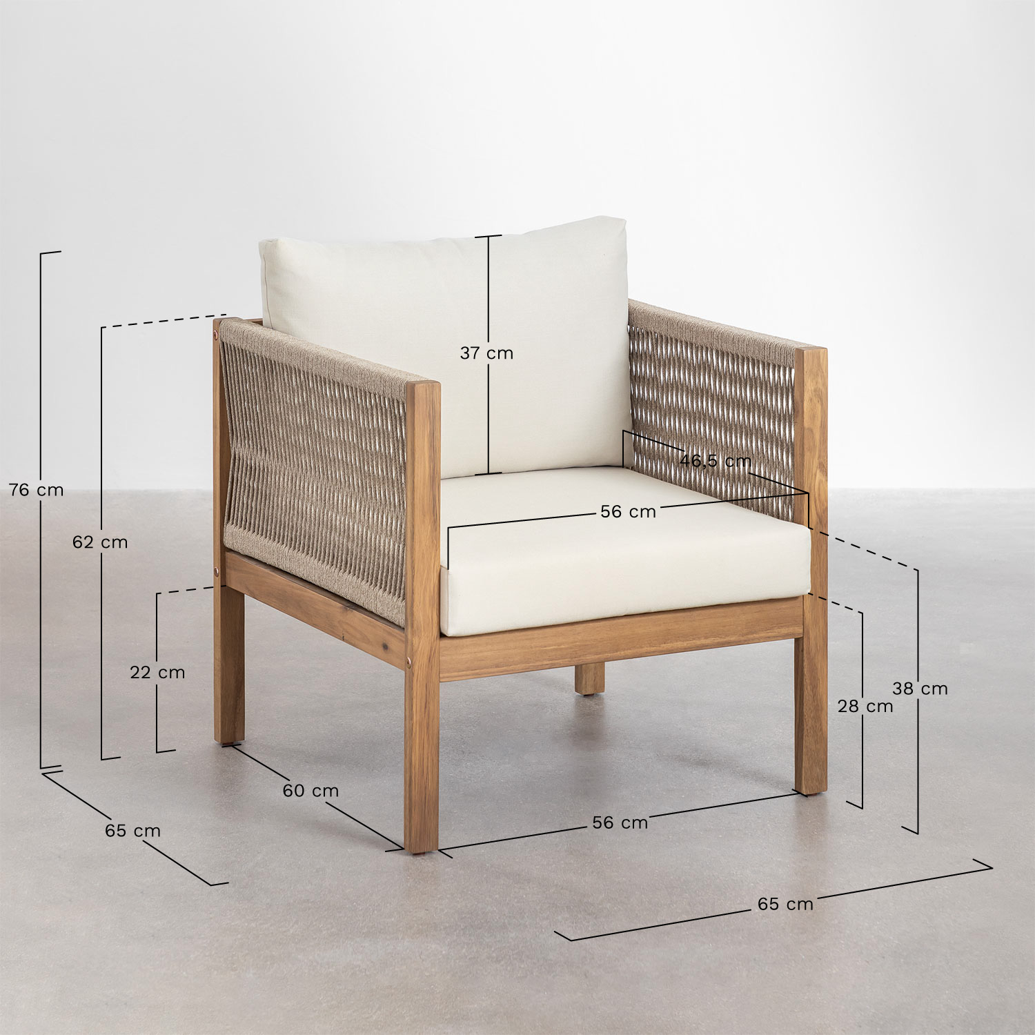 Conjunto de sofá modular de 2 peças Branson Acacia Wood com braços e 2 poltronas, Dimensões