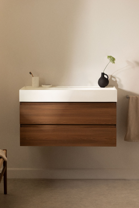 Conjunto de móvel de casa de banho suspenso em madeira e folha de freixo com lavatório integrado Ona - Madeira Escura
