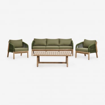 Conjunto De Jardim Com Sofá De 3 Lugares, 2 Poltronas E Mesa De Centro Em Madeira De Acácia Dubai Verde Exército & Castanho Acácia Rústico - Sklum