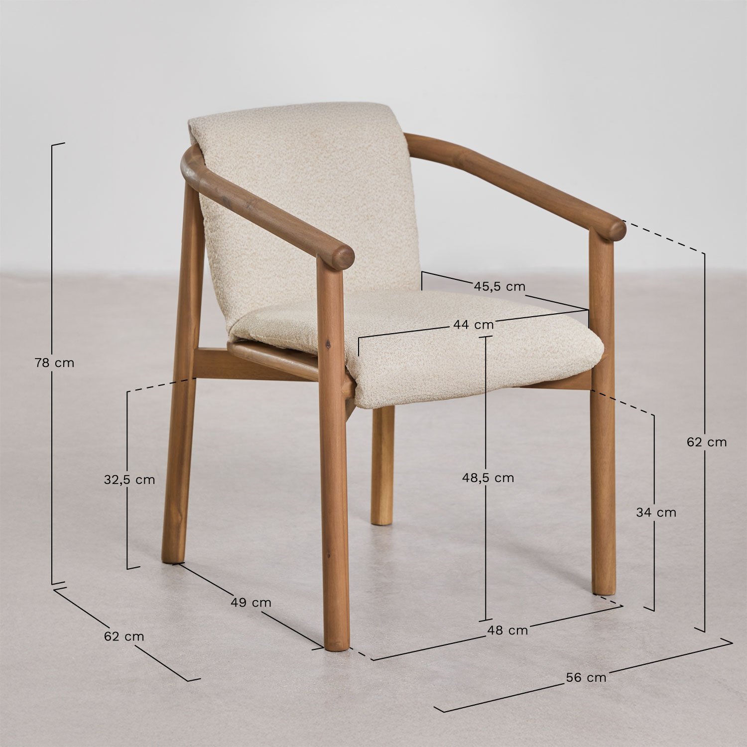 Conjunto de mesa redonda Ø120 cm em madeira de acácia Ginara e 6 cadeiras de jardim com braços em madeira de acácia Elmina, Dimensões