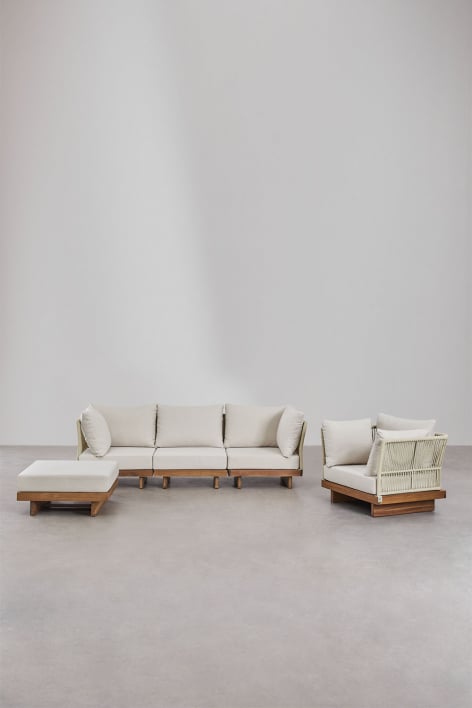 Conjunto de sofá modular Dailin de 3 peças com 2 cadeiras de canto, poltrona e pufe em madeira de acácia