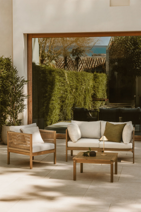 Conjunto de sofá modular de 2 peças Branson Acacia Wood com braços, poltrona e mesa de centro