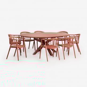 Conjunto De Mesa Extensível Em Alumínio Barces 145-200x145 Cm E 10 Cadeiras De Jantar Empilháveis Com Apoios De Braços Ivor Terracota - Sklum