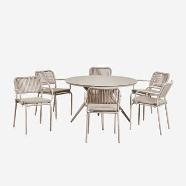 Conjunto De Mesa Redonda Ø125 Cm Valerie E 6 Cadeiras De Jardim Empilháveis Com Braços Em Alumínio Arhiza Castanho Moka - Sklum