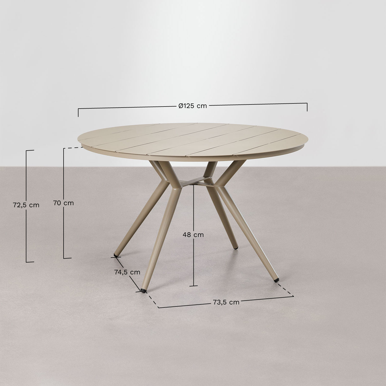 Conjunto de mesa redonda Valerie, Ø125 cm, e 6 cadeiras de jantar empilháveis com braços em alumínio Arhiza., Dimensões