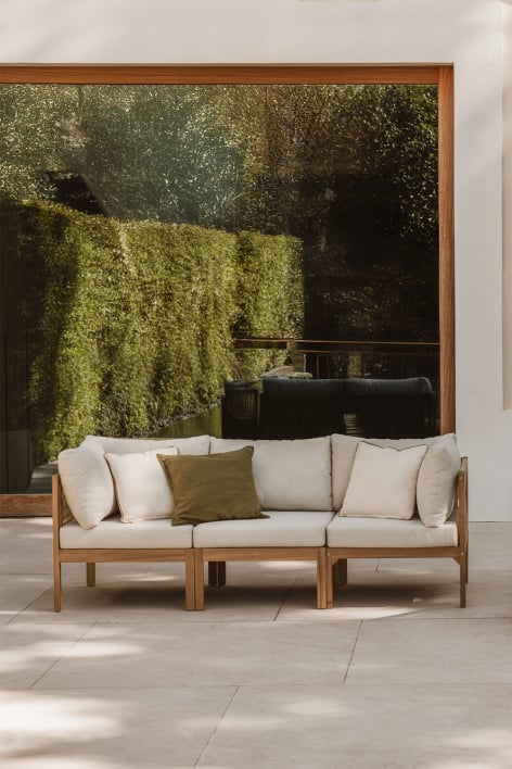 Sofá modular de jardim de 3 peças com apoios de braço em madeira de acácia Branson - Branco Gardênia - Castanho Acácia