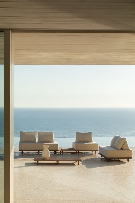 Conjunto de jardim com sofá modular de 2 peças, mesa auxiliar, sofá e mesa de centro 160x95 cm em acácia Portet