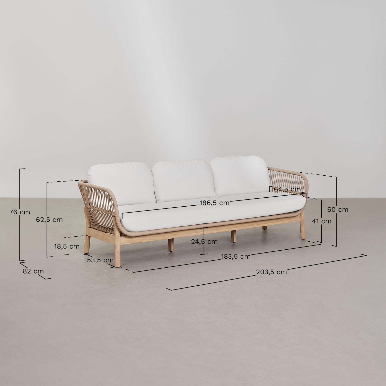 Conjunto de jardim Karvia com sofá de 3 lugares, 2 poltronas e mesa de centro em alumínio e madeira de acácia   , Dimensões