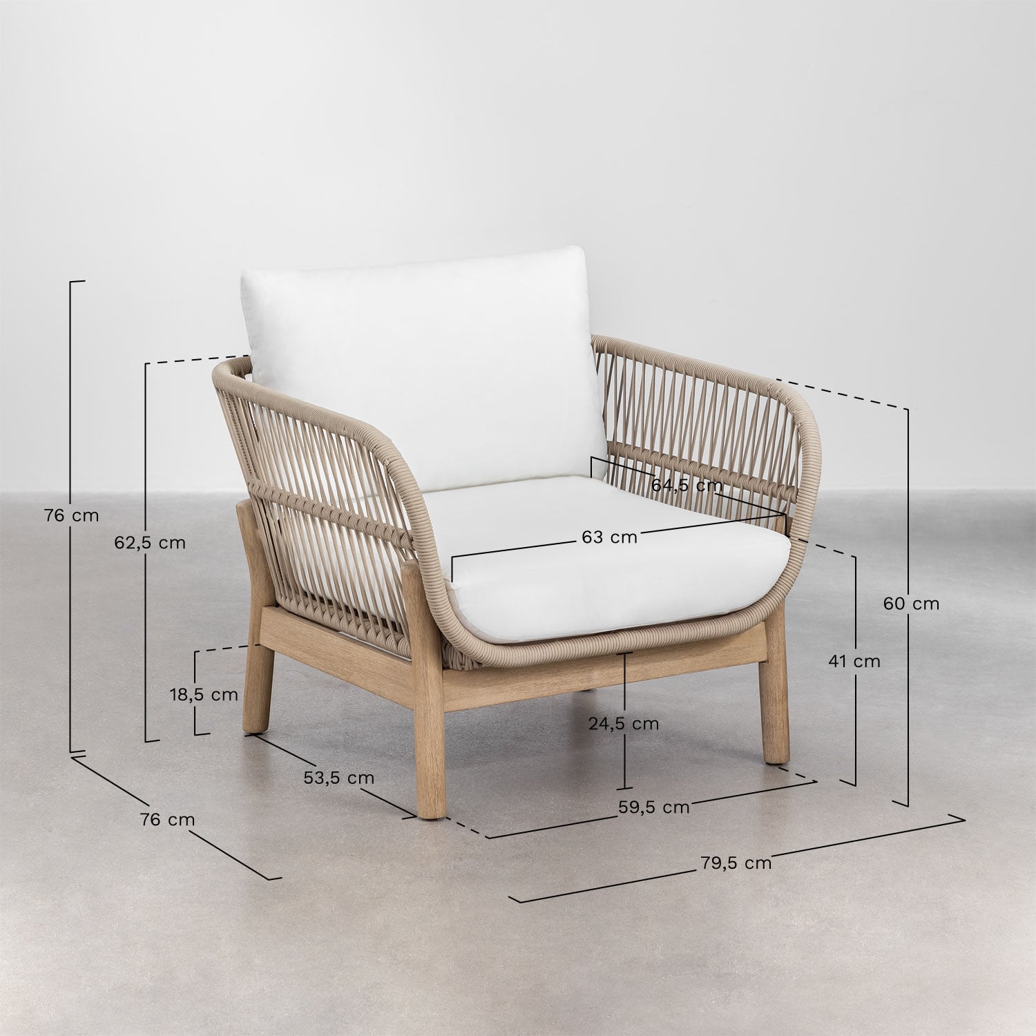 Conjunto de jardim com sofá de 3 lugares, 2 poltronas e mesa de centro em madeira de acácia e corda trançada Karvia, Dimens&otilde;es