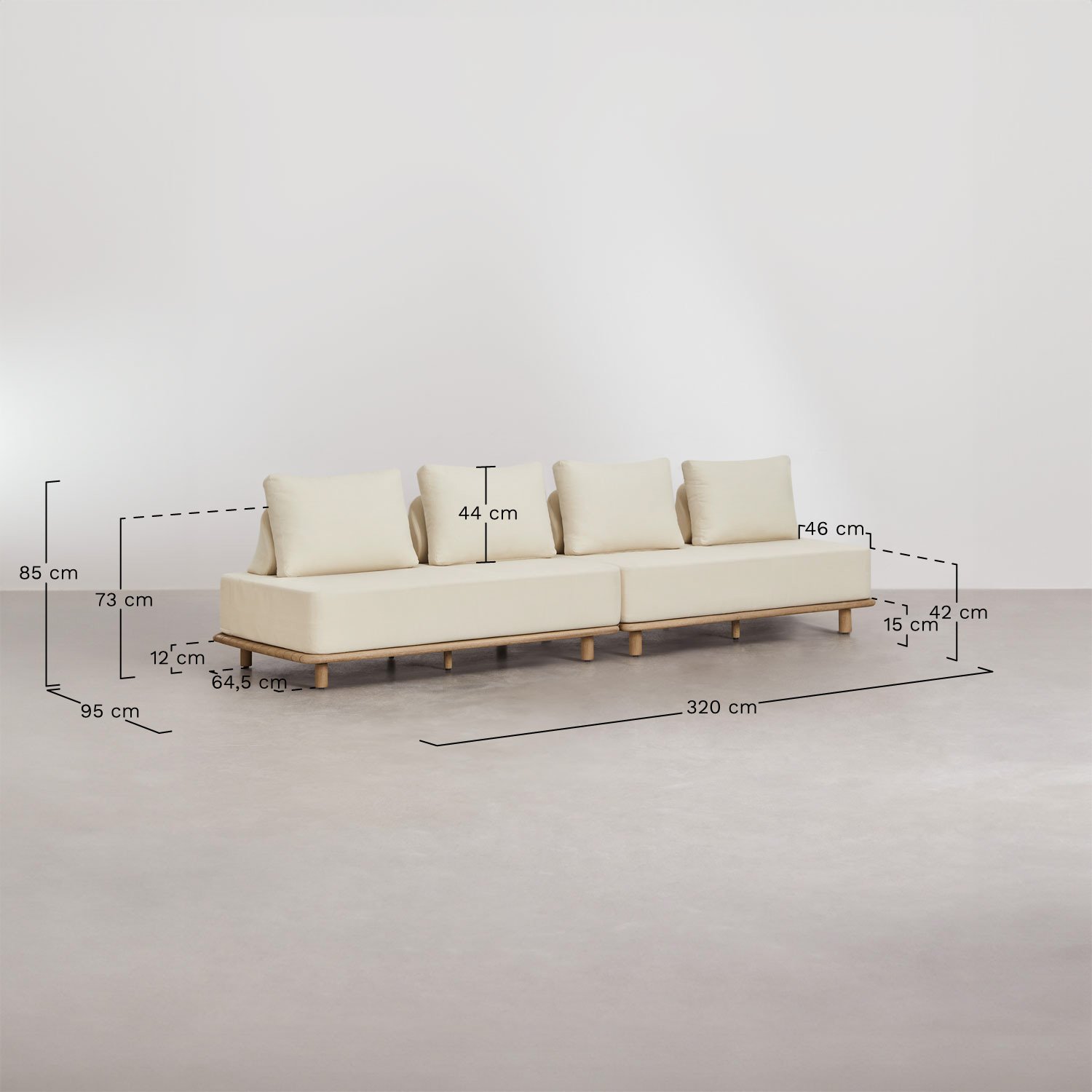 Conjunto de jardim com sofá modular de jardim de 2 peças de 2 lugares e mesa de centro 160x95 cm em acácia Portet, Dimensões