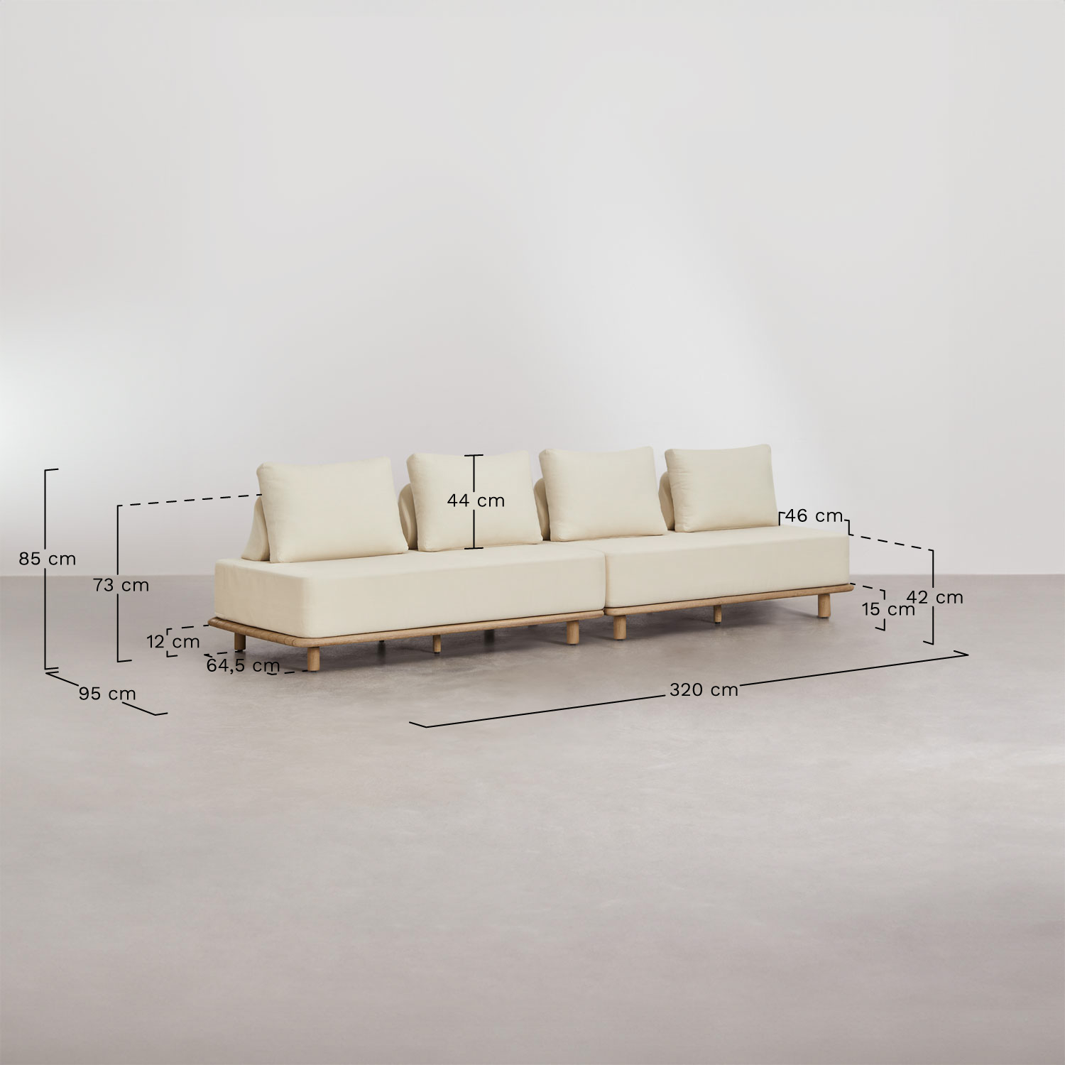 Conjunto de sala com sofá modular de 2 peças de 2 lugares e mesa de centro 160x95 cm em acácia Portet, Dimens&otilde;es
