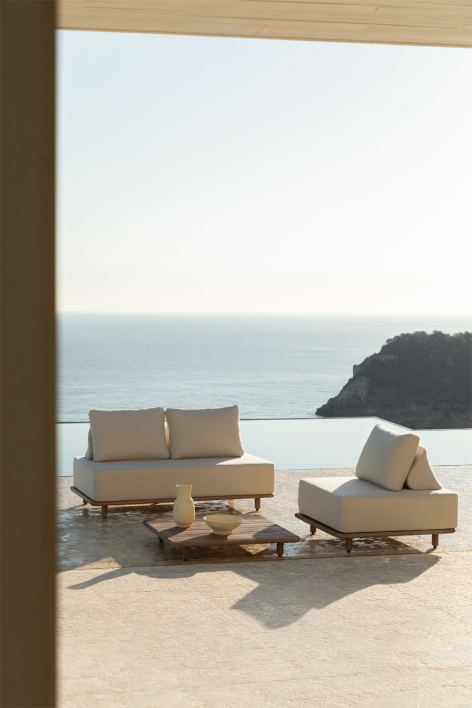 Conjunto de jardim com sofá de 2 lugares, poltrona e mesa de centro 95x95 cm em acácia Portet