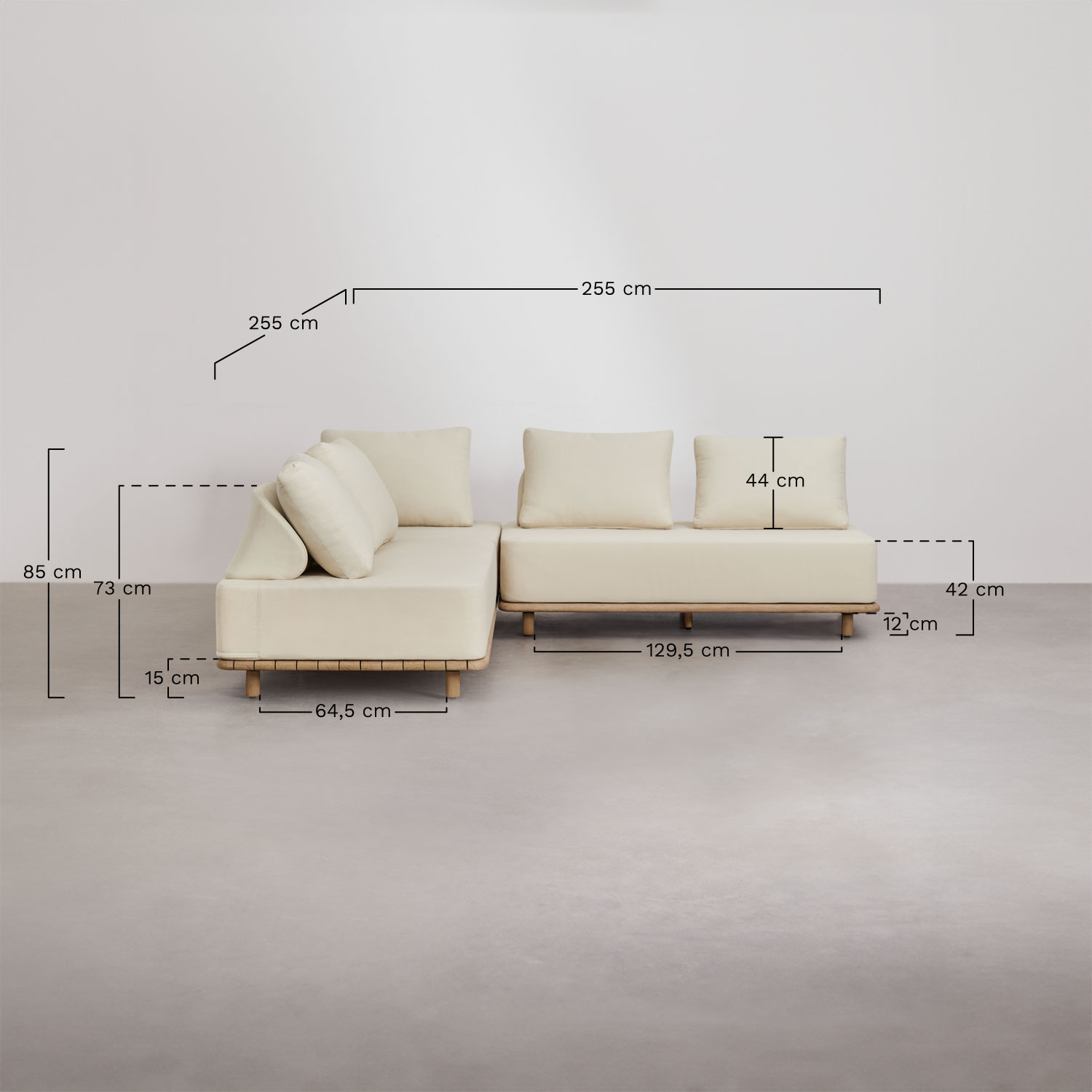 Conjunto de sala com sofá modular de canto de 3 peças e mesa de centro 95x95 cm em acácia Portet, Dimens&otilde;es