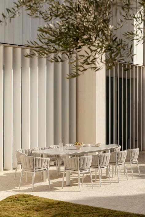 Conjunto de mesa retangular extensível em cerâmica Zinti 220-280x100 cm e 10 cadeiras de jardim em alumínio e tecido Roderise