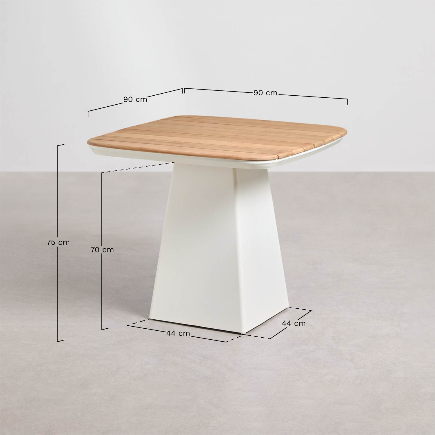 Conjunto de mesa quadrada Inkeri 90x90 cm em alumínio e madeira de teca e 4 cadeiras de jardim empilháveis de alumínio Archer, Dimensões