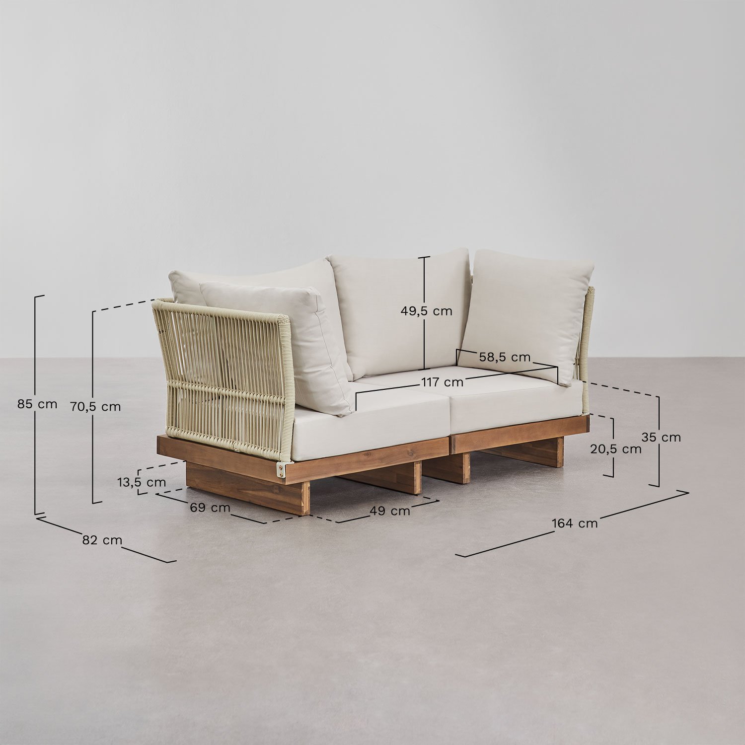 Conjunto de sala de estar com sofá modular de 2 peças com 2 poltronas de canto e mesa de centro em madeira de acácia Dailin, Dimensões