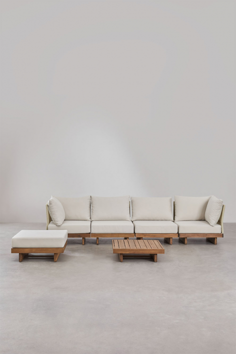Conjunto de sala de estar com sofá modular de 4 peças com 2 poltronas de canto, mesa de centro e pufe em madeira de acácia Daili