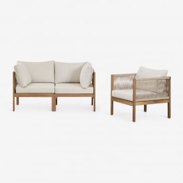 Conjunto De Sala Com Sofá Modular De 2 Peças Com Braços E Poltrona Em Madeira De Acácia Branson Gardénia Branco & Castanho Acácia - Sklum