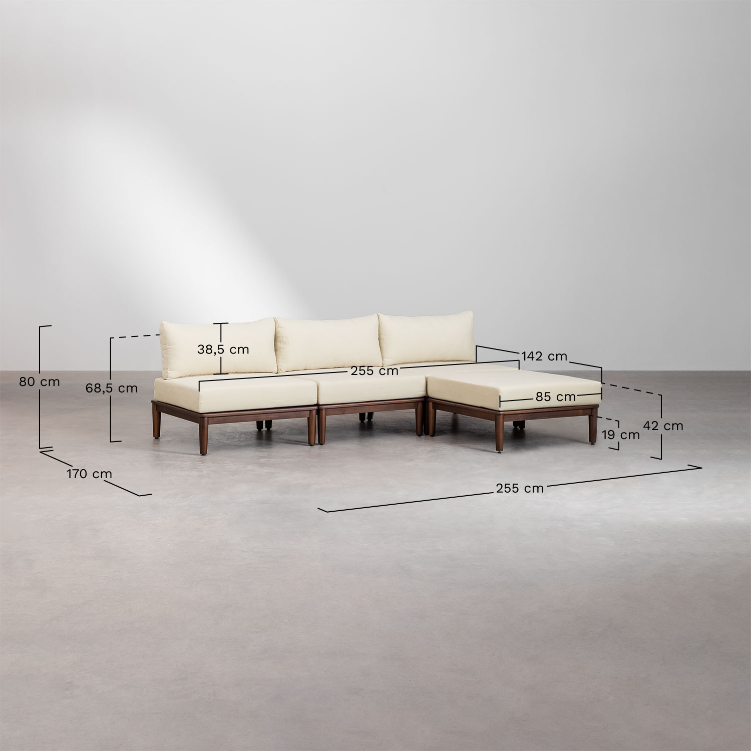 Conjunto de jardim com sofá modular de 3 peças, mesa de centro e puff em acácia Giulia, Dimensões