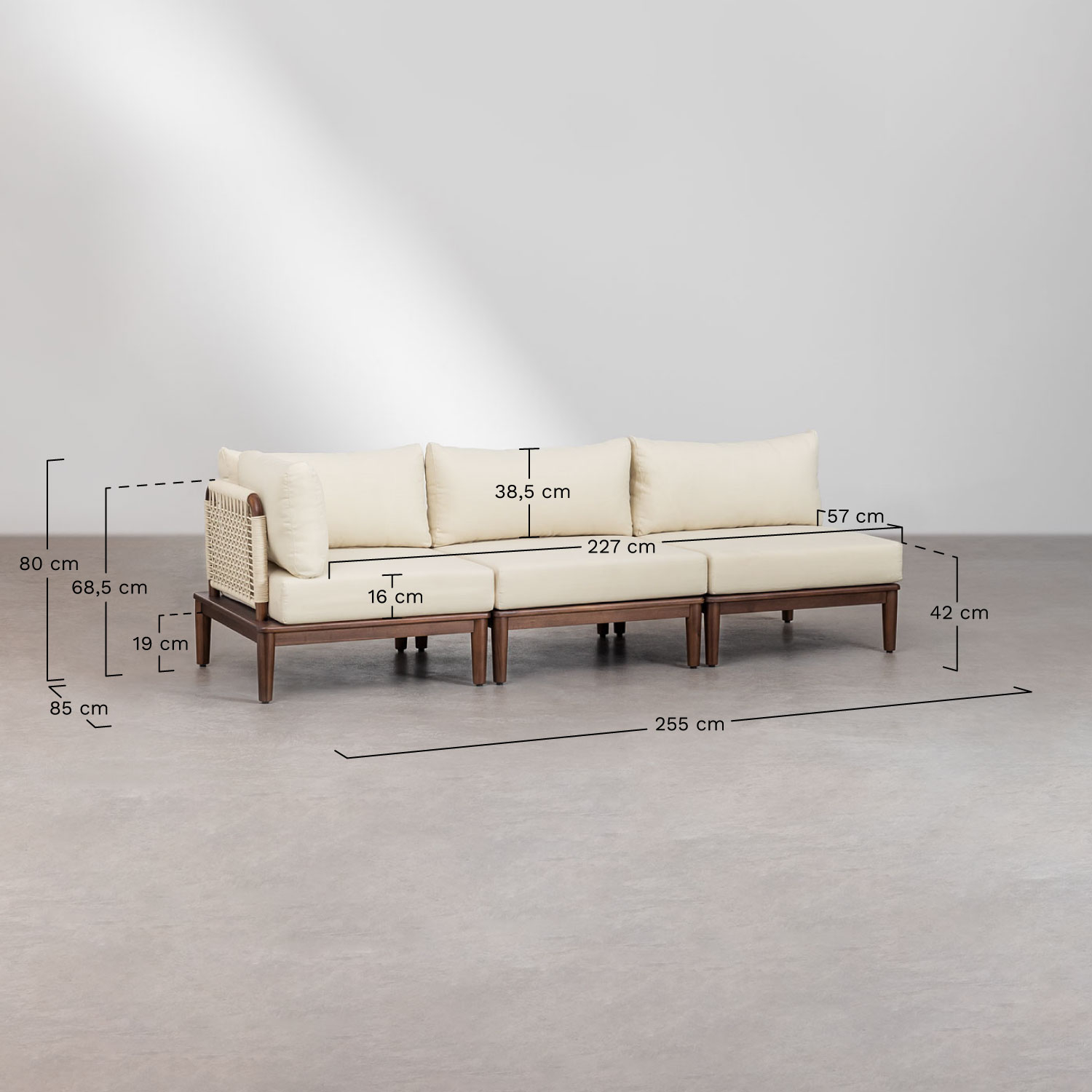 Conjunto de jardim com sofá modular de canto de 3 peças e mesa de centro em acácia Giulia, Dimensões