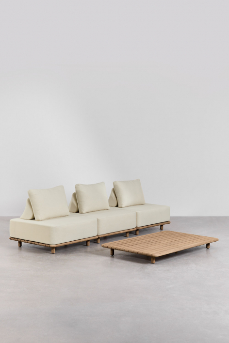 Conjunto de sala com sofá modular de 3 peças e mesa de centro 160x95 cm em acácia Portet