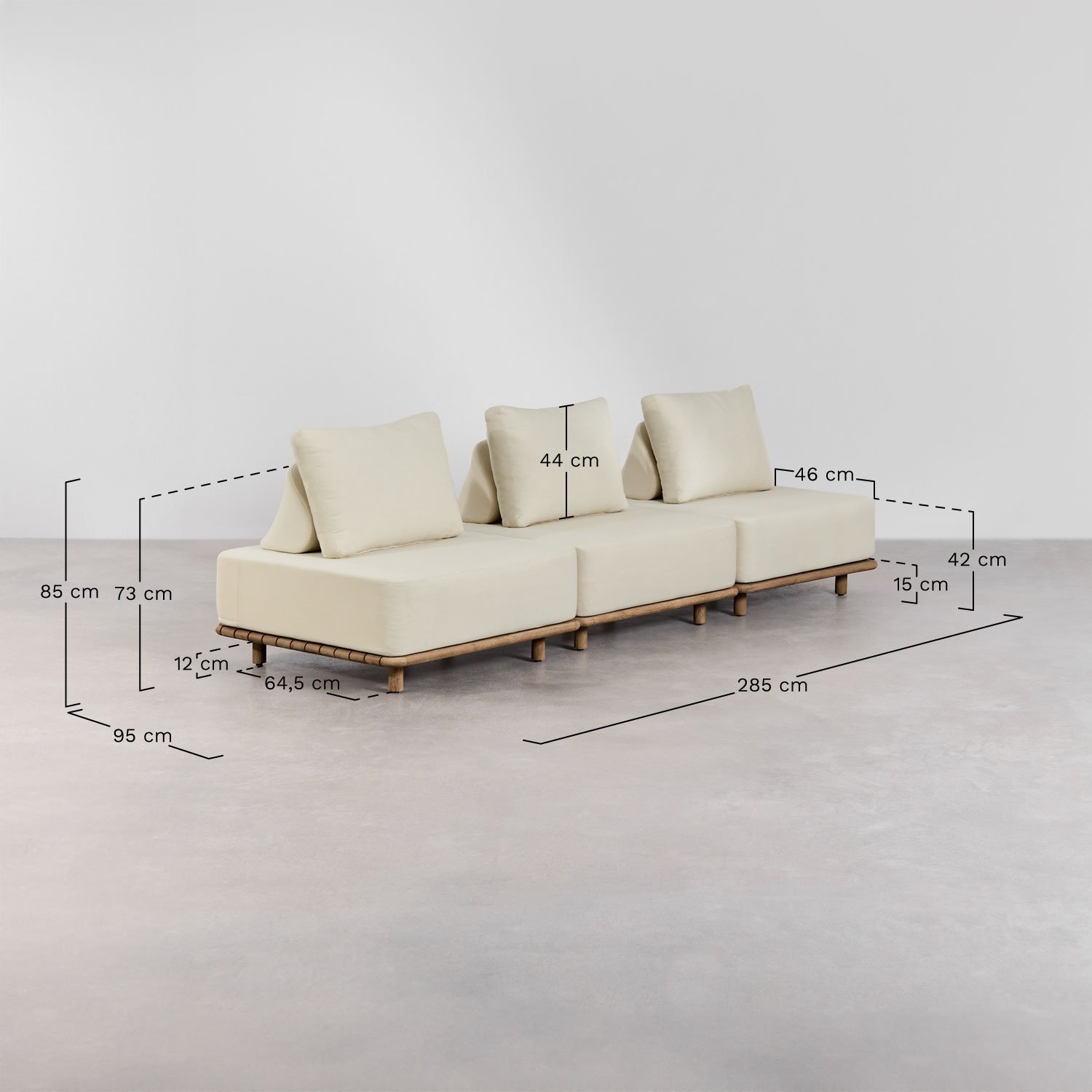 Conjunto de jardim com sofá modular de 3 peças e mesa de centro 160x95 cm em acácia Portet, Dimensões