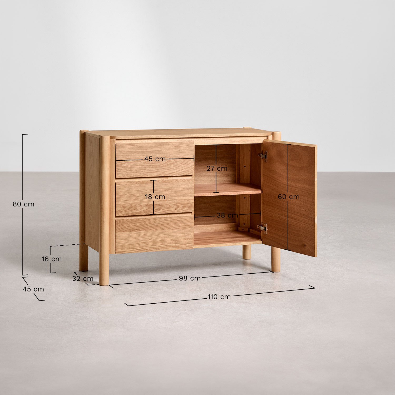 Aparador retangular 110x45 cm em MDF com folheado de carvalho Munden, Dimensões