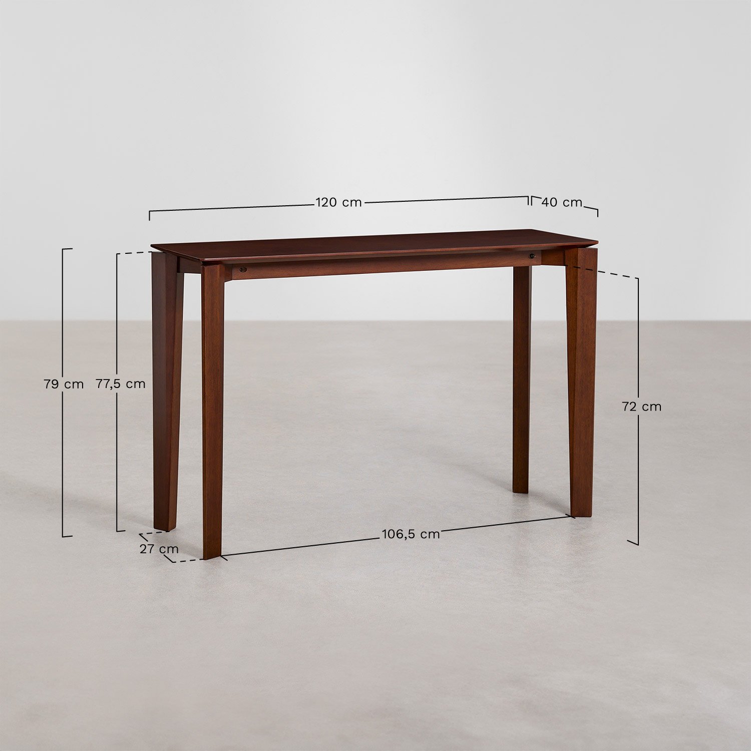 Consola de entrada retangular 120x40 cm em MDF com folheado de nogueira Tanzânia, Dimensões