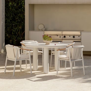 Conjunto De Mesa Redonda Arken, Ø120 Cm, Em Cerâmica E Alumínio, E 4 Cadeiras De Jardim Yervin Com Braços, Em - Sklum