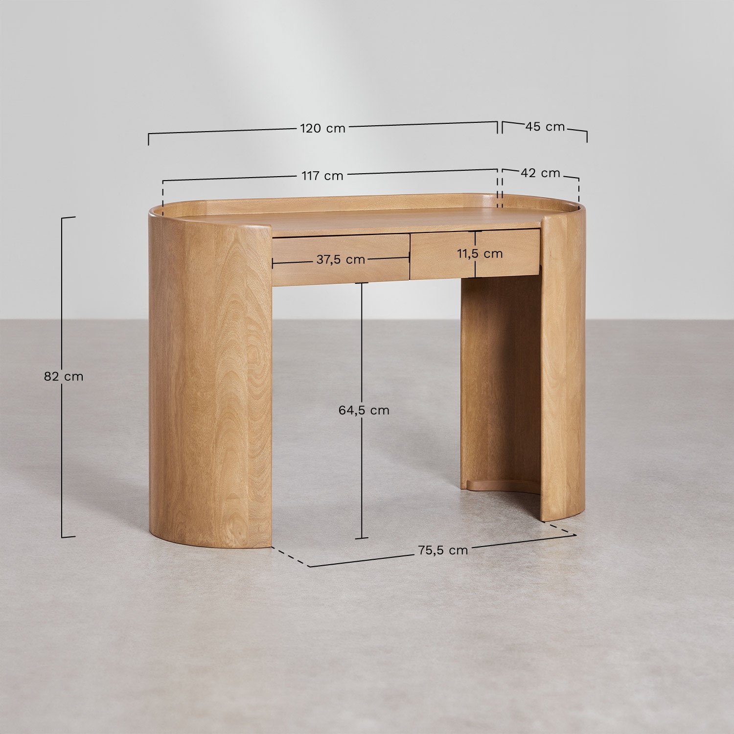 Consola de entrada 120x45 cm em madeira de manga Sidney, Dimensões