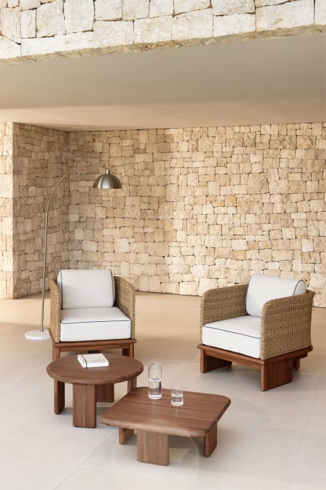 Conjunto de jardim com 2 poltronas e 2 mesas de centro em rattan e madeira de acácia Famara - Castanho Acácia