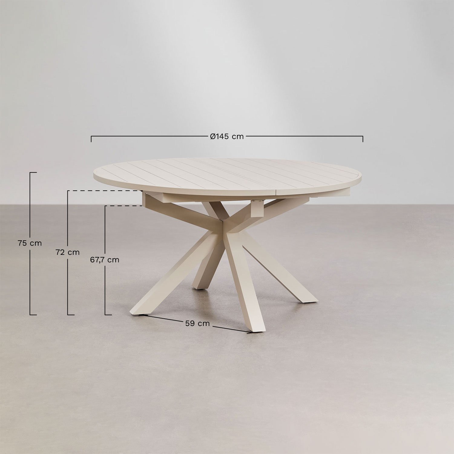 Conjunto de mesa extensível redonda Barces 145-200x145 cm e 6 cadeiras de jardim empilháveis em alumínio Karena com braços, Dimensões