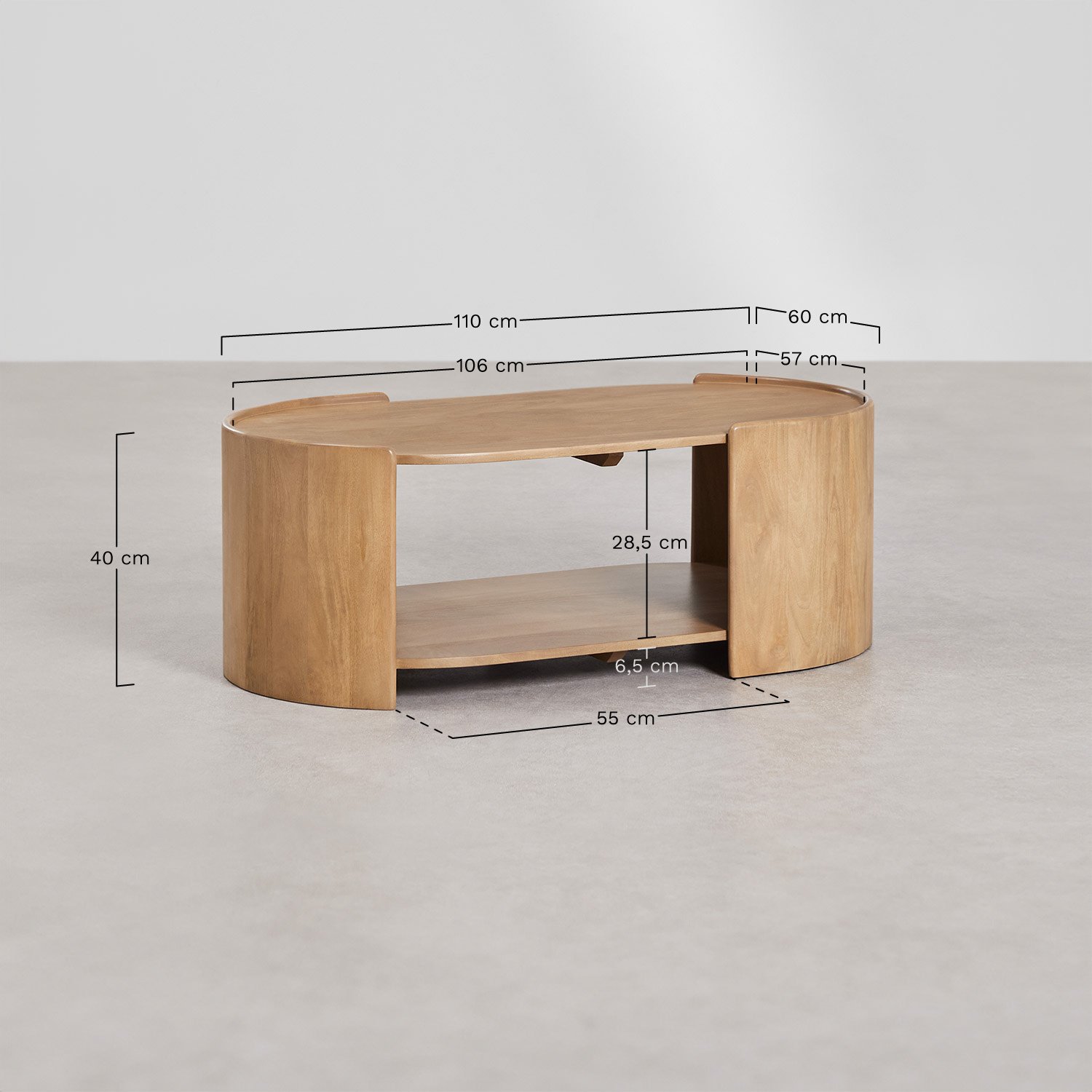 Mesa de centro oval 110x60 cm em madeira de mangueira Sidney, Dimensões