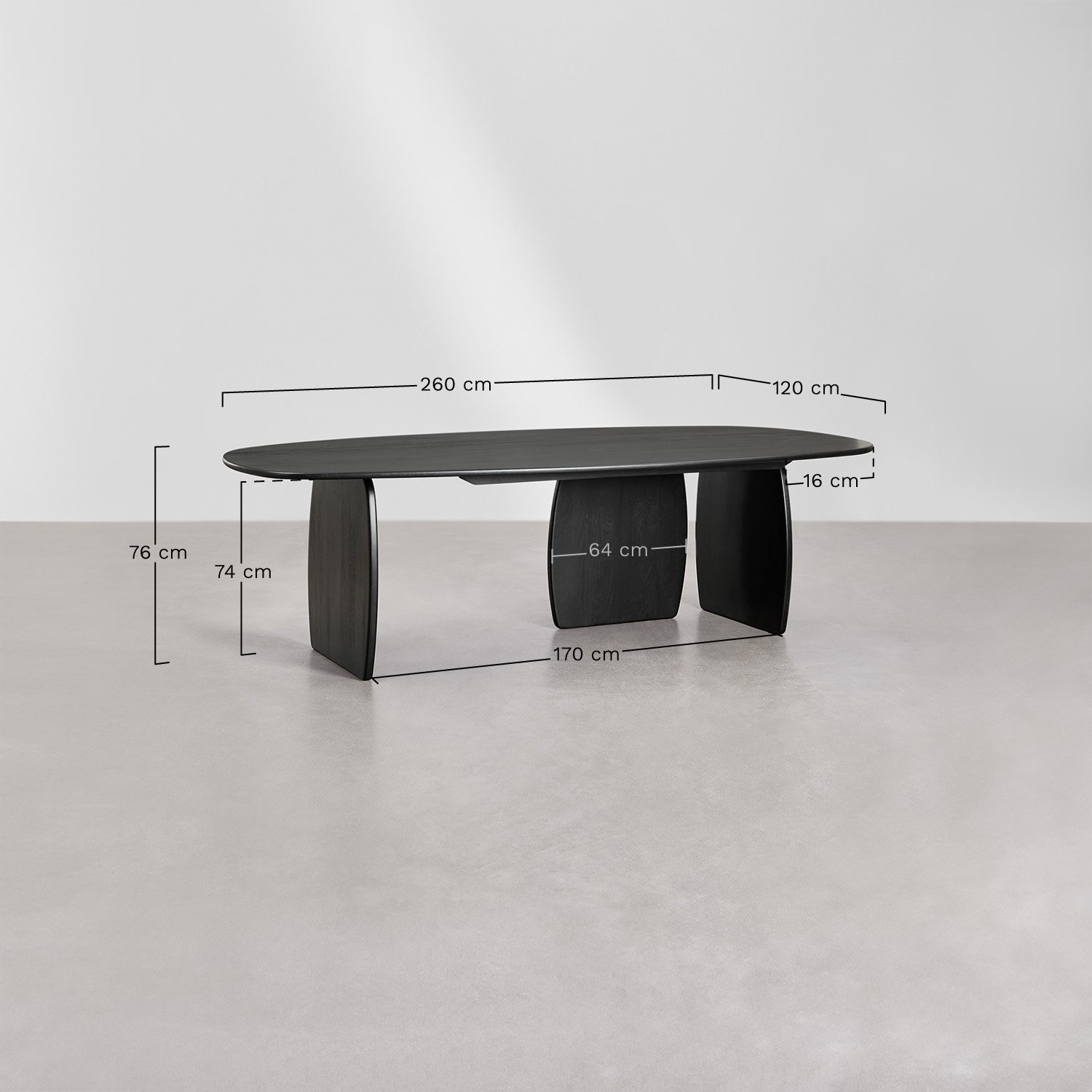 Conjunto de mesa oval 260x120 cm em madeira de manga Agathe e 8 cadeiras de jantar em carvalho Mara, Dimensões