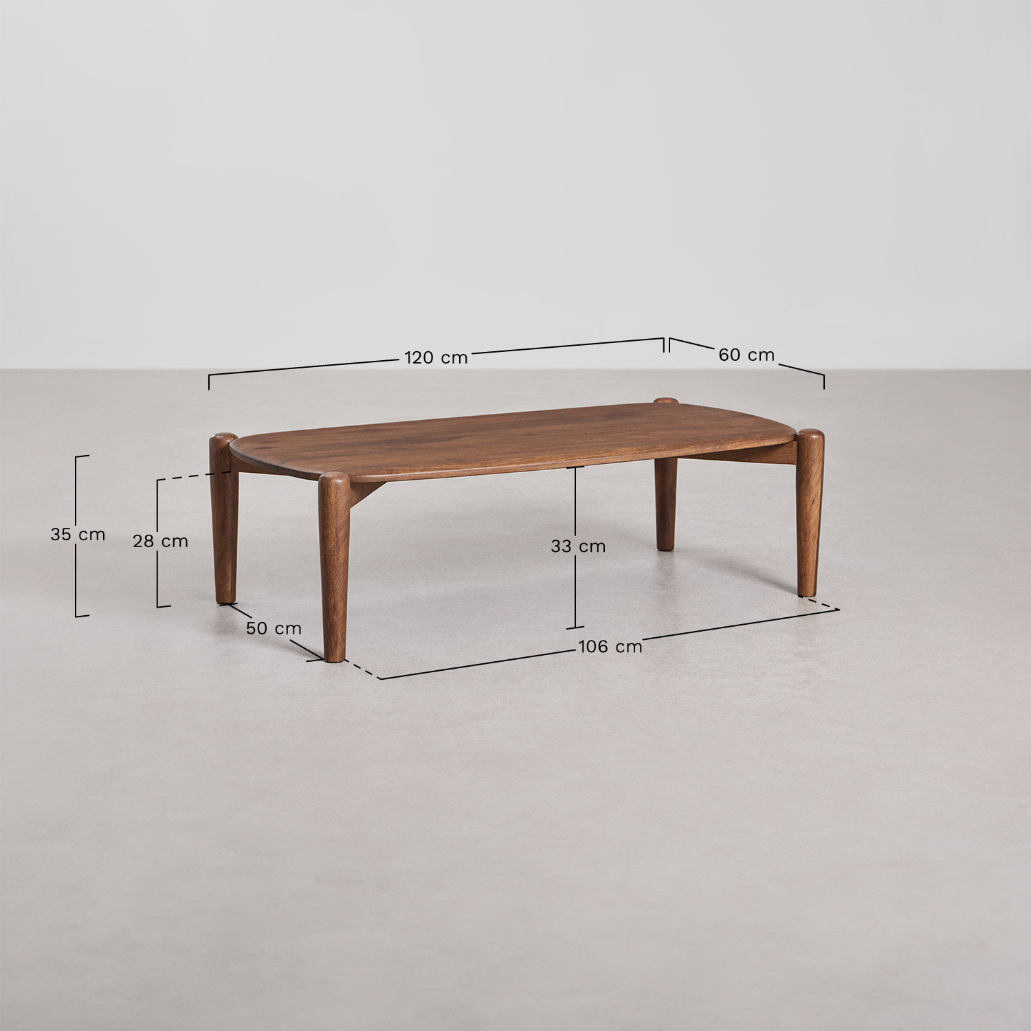 Mesa de centro retangular 120X60 cm em madeira de manga Gina, Dimensões