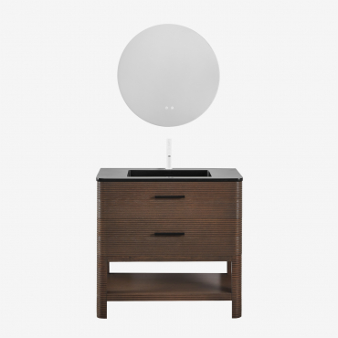 Conjunto De Móvel De Casa De Banho Em Madeira Com Lavatório Integrado Misene Madeira Escura & Redondo Led E Anti-embaciamento - Sklum