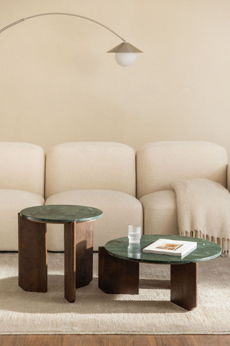 Conjunto de 2 mesas de centro redondas em pedra natural e madeira de mangueira Lavinia - Mármore Verde Udaipur