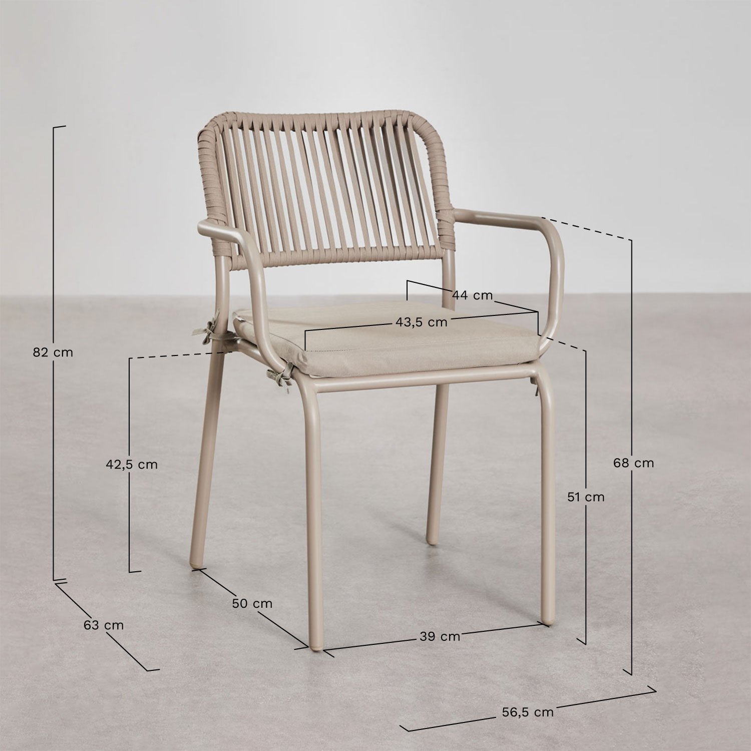 Conjunto de mesa retangular 160x90 cm e 6 cadeiras de jantar empilháveis em corda trançada Arhiza, Dimens&otilde;es