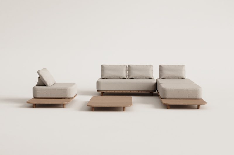 Conjunto de sala com sofá modular chaise longue de 3 peças, mesa auxiliar, poltrona e mesa de centro 160x95 cm em acácia Portet