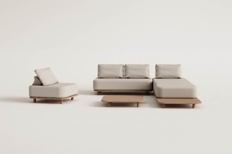 Conjunto de sala com sofá modular chaise longue de 3 peças, mesa auxiliar, poltrona e mesa de centro 95x95 cm em acácia Portet