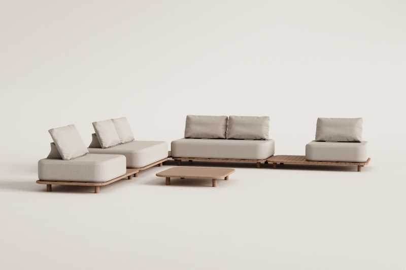 Conjunto de jardim com sofá modular de canto de 4 peças com mesas auxiliares e mesa de centro 95x95 cm em acácia Portet