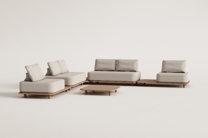 Conjunto de sala de estar com sofá de canto modular de 4 peças com mesas laterais e mesa de centro de 95x95 cm em acácia Portet.