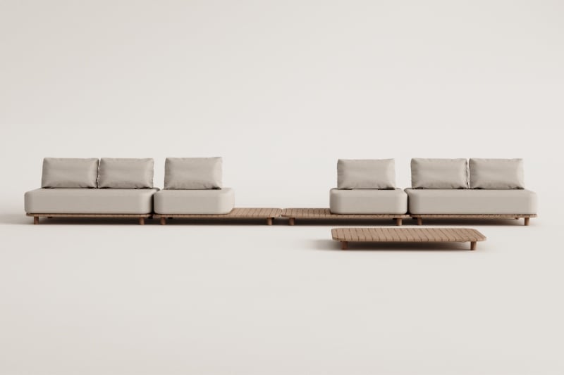 Conjunto de sala de estar com sofá modular de 4 peças com mesa lateral e mesa de centro 160x95 cm em acácia Portet