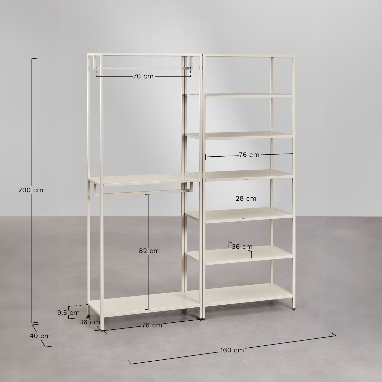 Guarda-roupa modular aberto Janine de 2 peças com cabideiro e prateleiras de aço, Dimensões