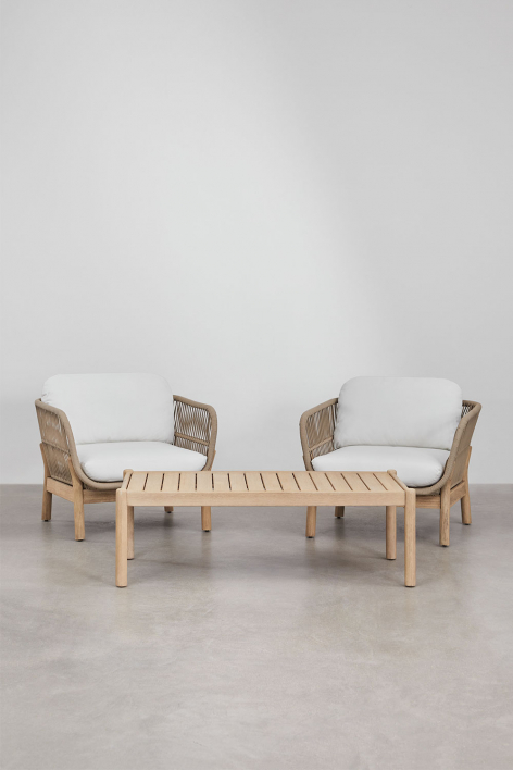 Conjunto de jardim com 2 poltronas em corda trançada e mesa de centro em madeira de acácia Karvia - Tecido Branco