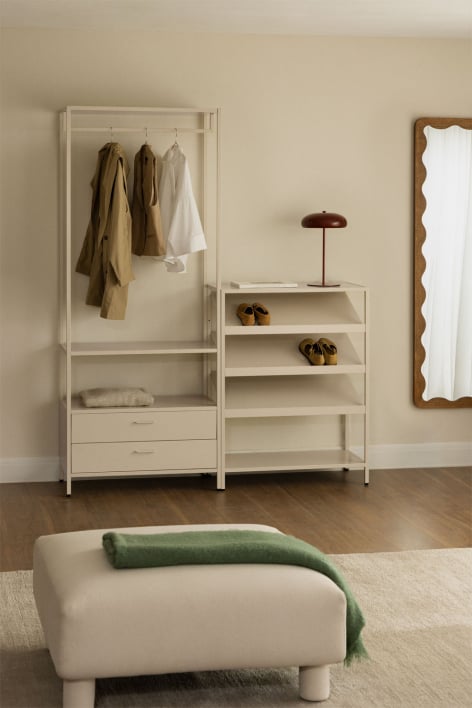 Guarda-roupa modular aberto Janine de 2 peças com gavetas e sapateira baixa de aço