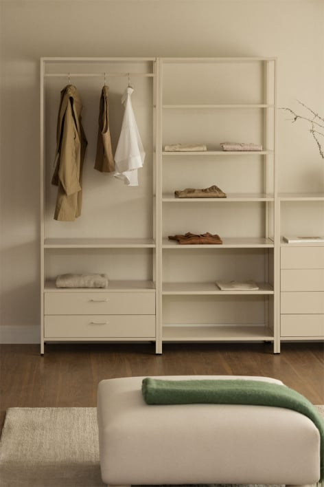 Guarda-roupa modular aberto Janine de 2 peças com gavetas e prateleiras de aço