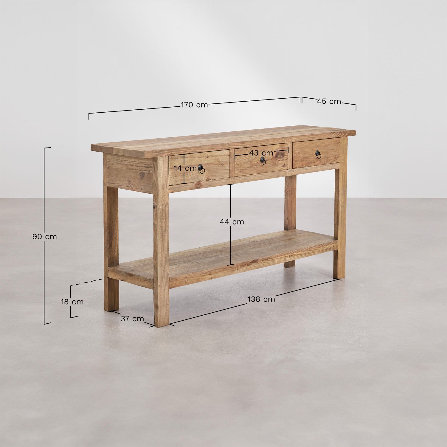 Consola de entrada 170x45 cm em madeira reciclada Kirena, Dimensões